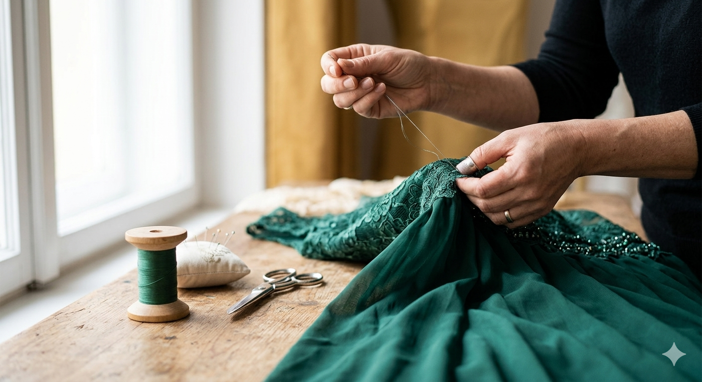 Detailaufnahme eines Abendkleides bei der Anpassung