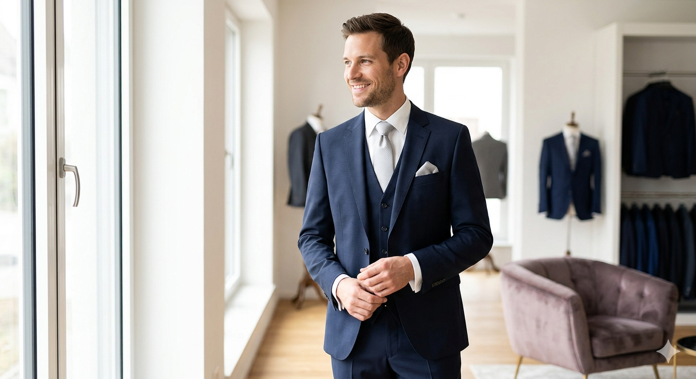 Klassischer blauer Hochzeitsanzug