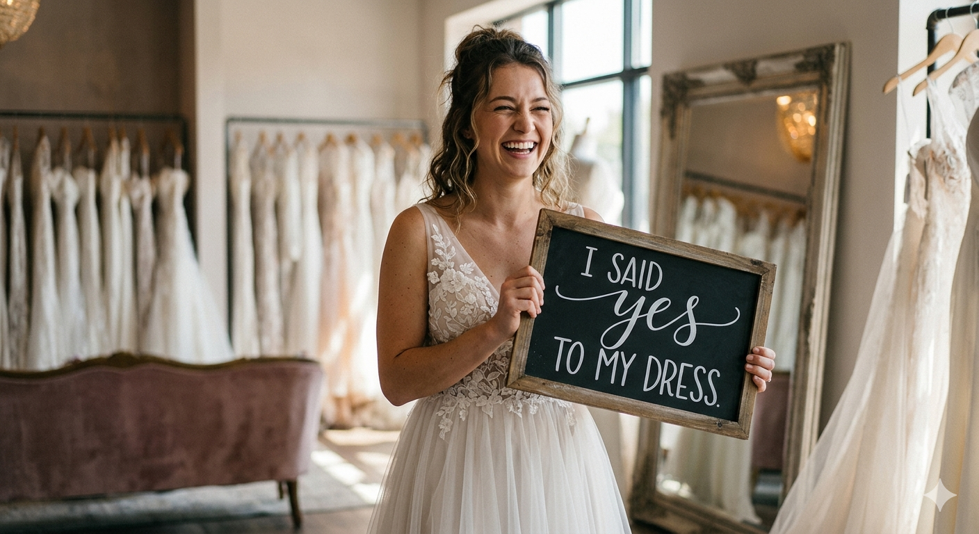 Glückliche Braut mit Schild I said yes to my dress im Brautstudio Edelweiss Sale